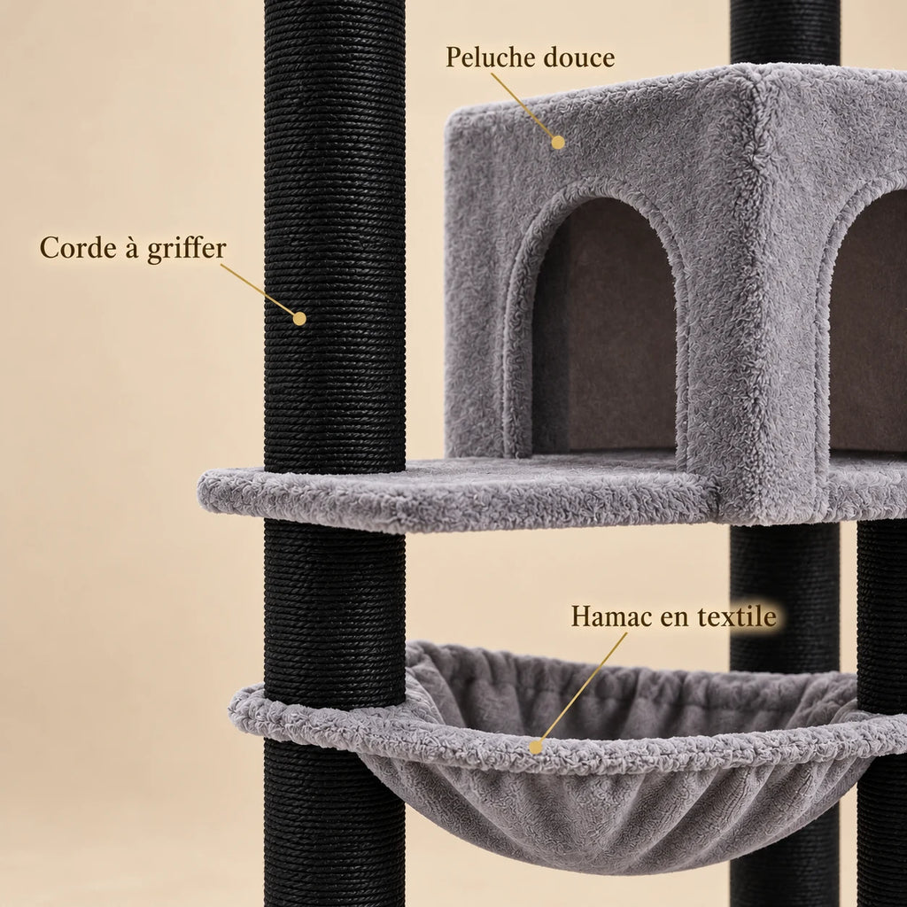 Détails de la peluche grise, de la corde noire et du hamac de l’arbre à chat Jett