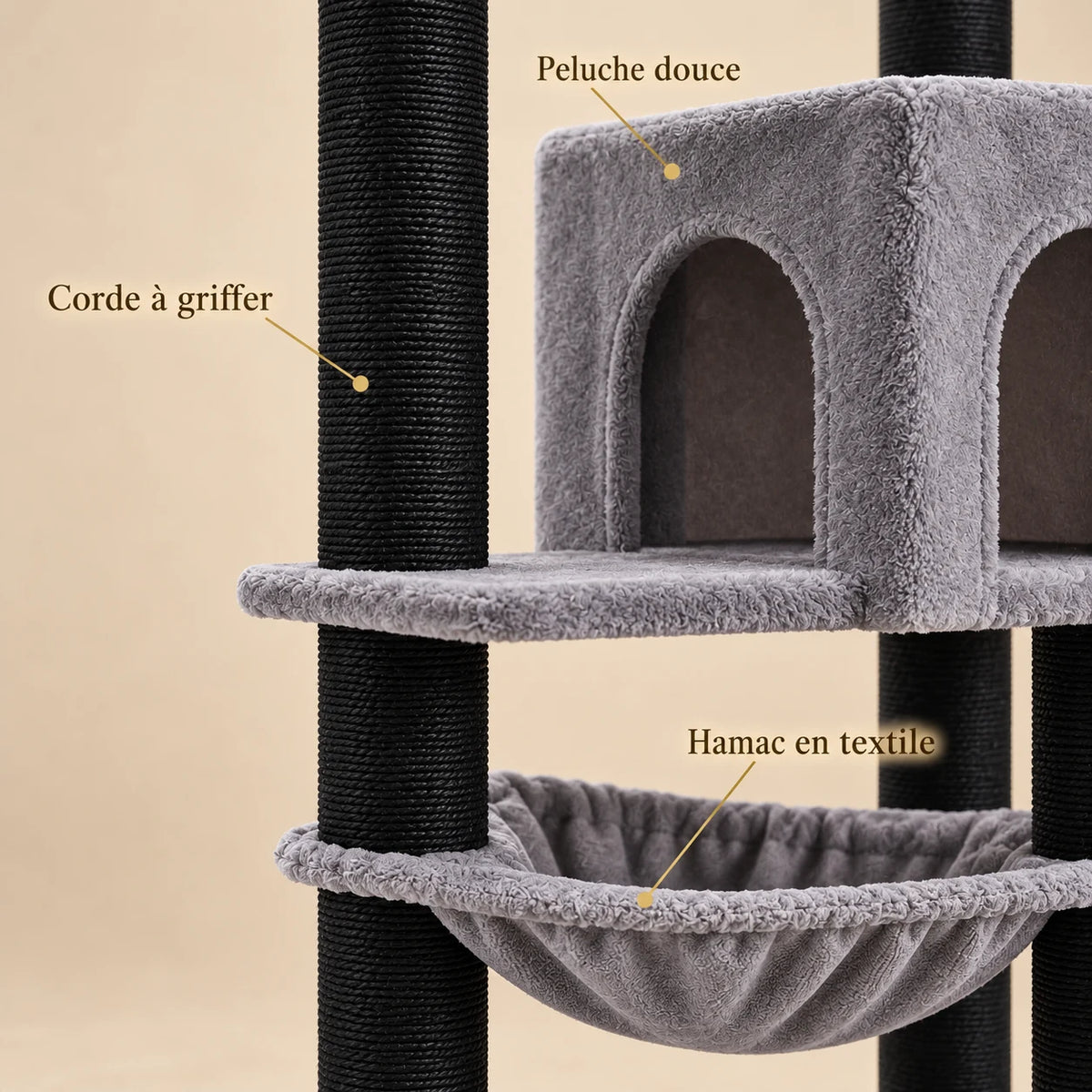 Détails de la peluche grise, de la corde noire et du hamac de l’arbre à chat Jett