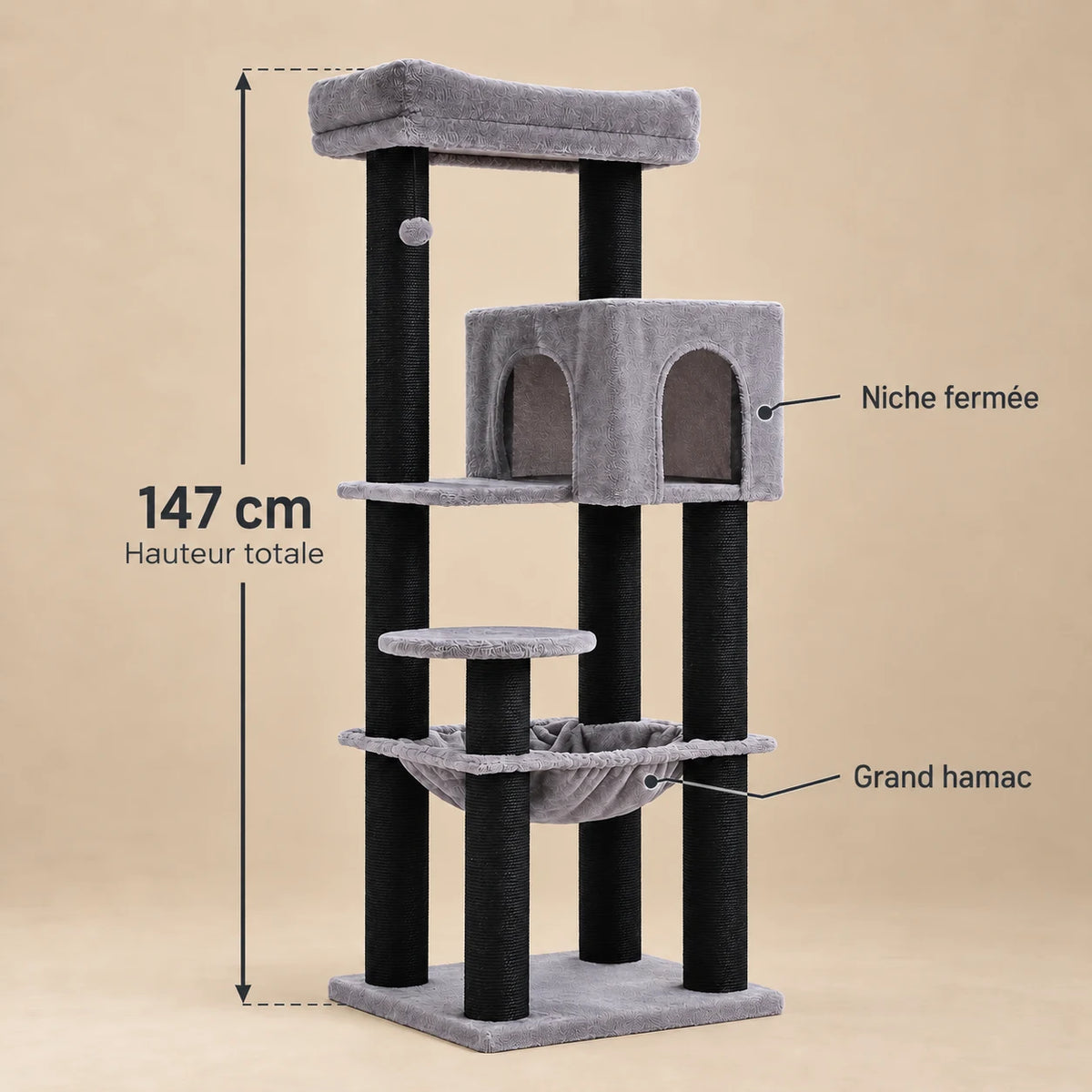 Dimensions de l’arbre à chat Jett noir et gris : hauteur totale de 147 cm