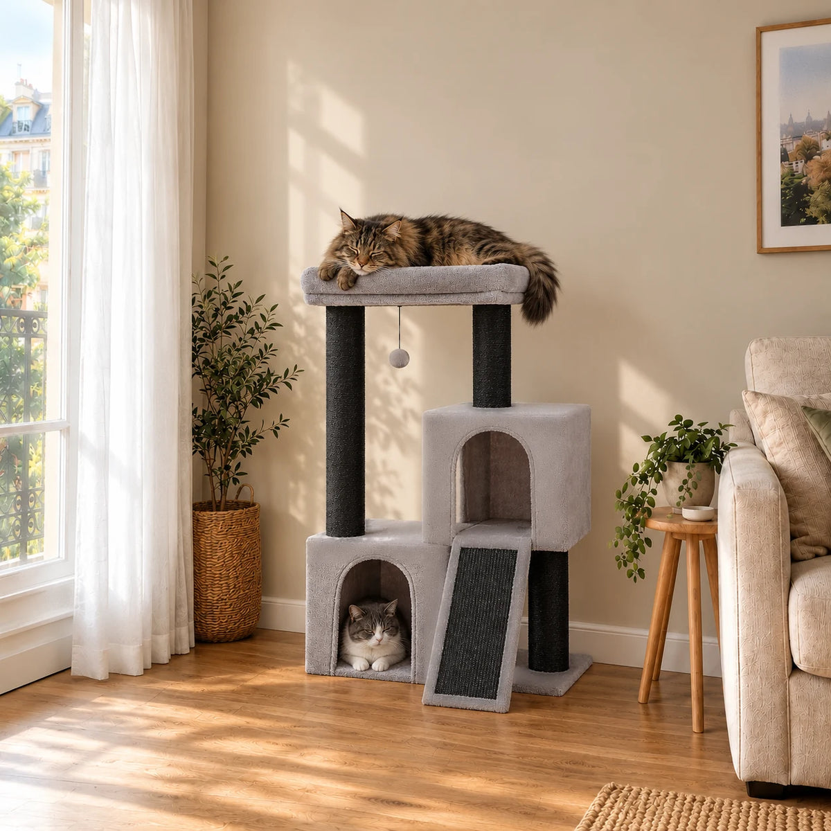 Arbre à chat Basalt noir et gris dans un salon avec deux chats endormis