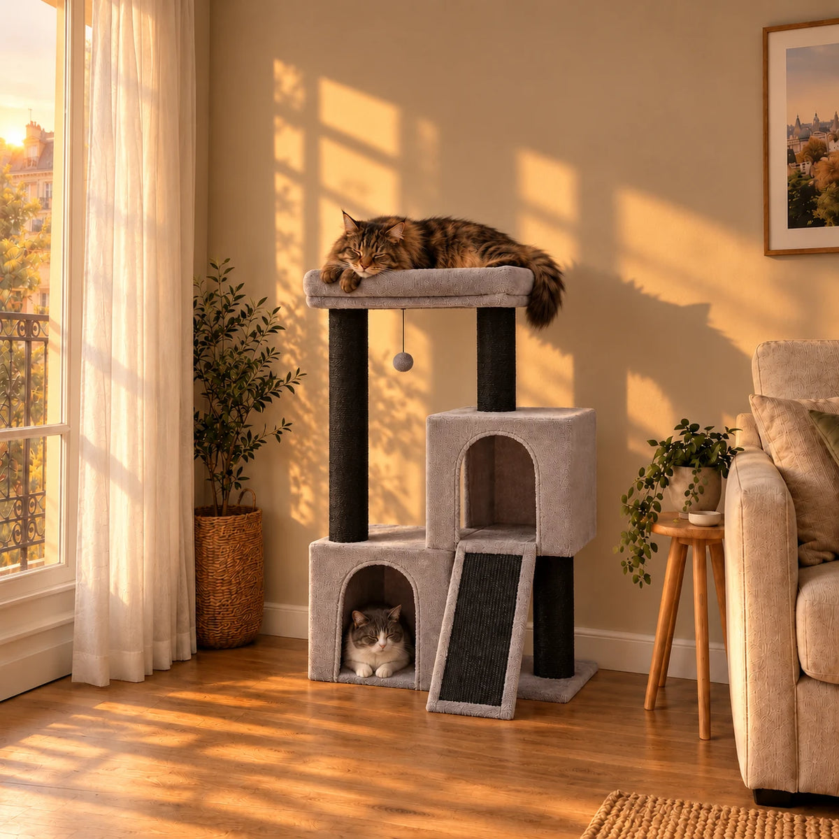 Arbre à chat Basalt dans un salon au soleil couchant avec chats endormis