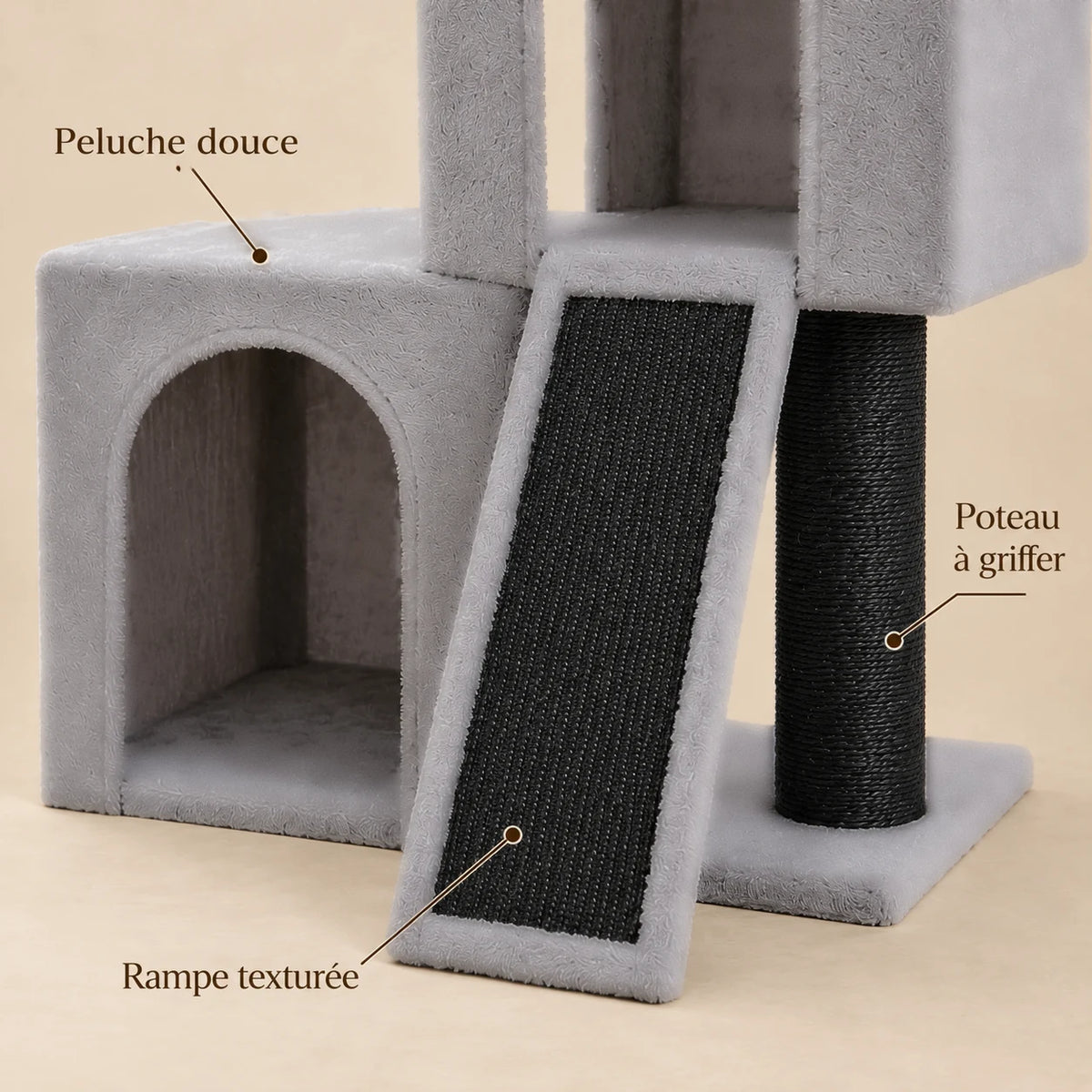 Détails de l'arbre à chat Basalt : peluche grise, poteau noir à griffer et rampe texturée