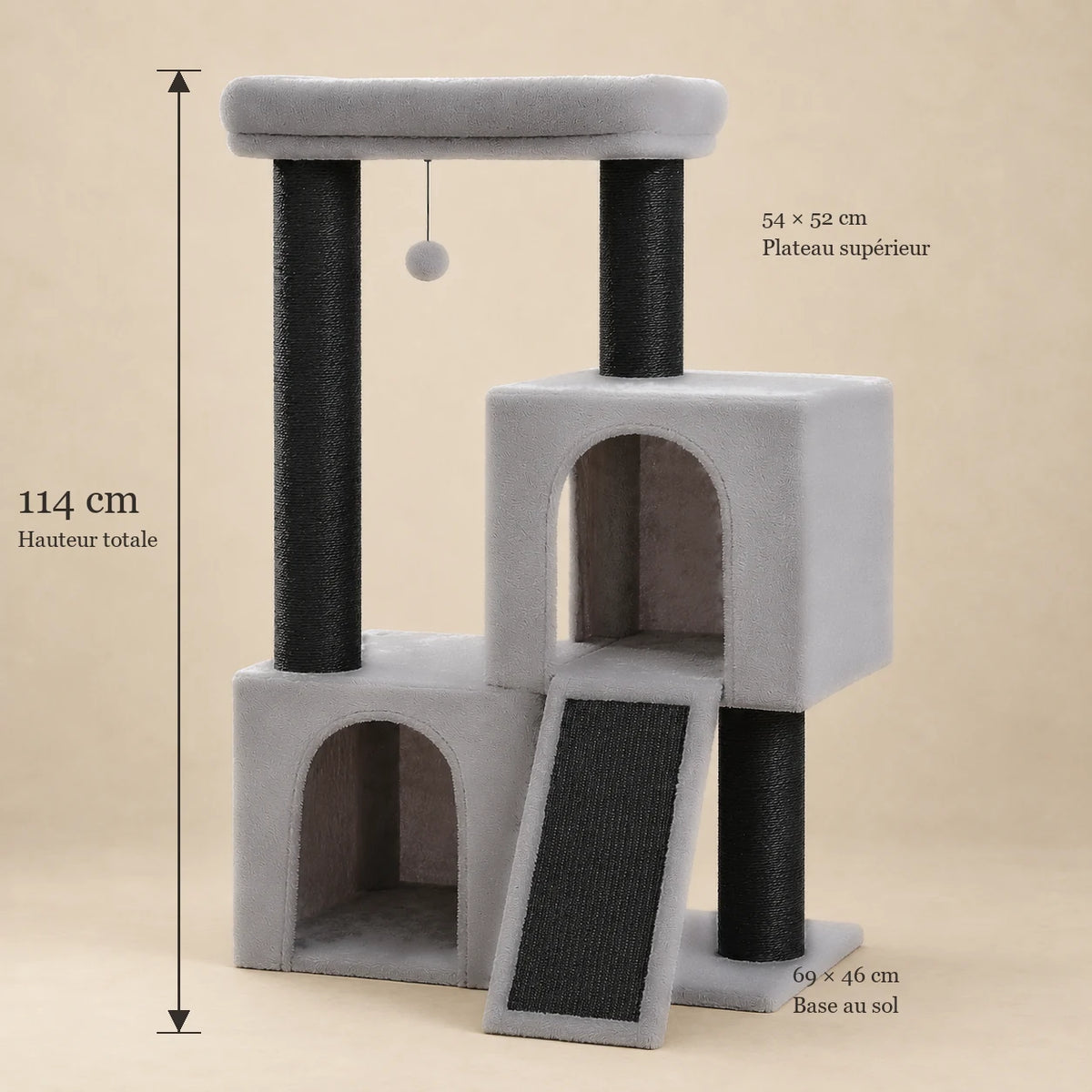 Dimensions de l'arbre à chat Basalt : hauteur 114 cm, base 69 × 46 cm et plateau 54 × 52 cm
