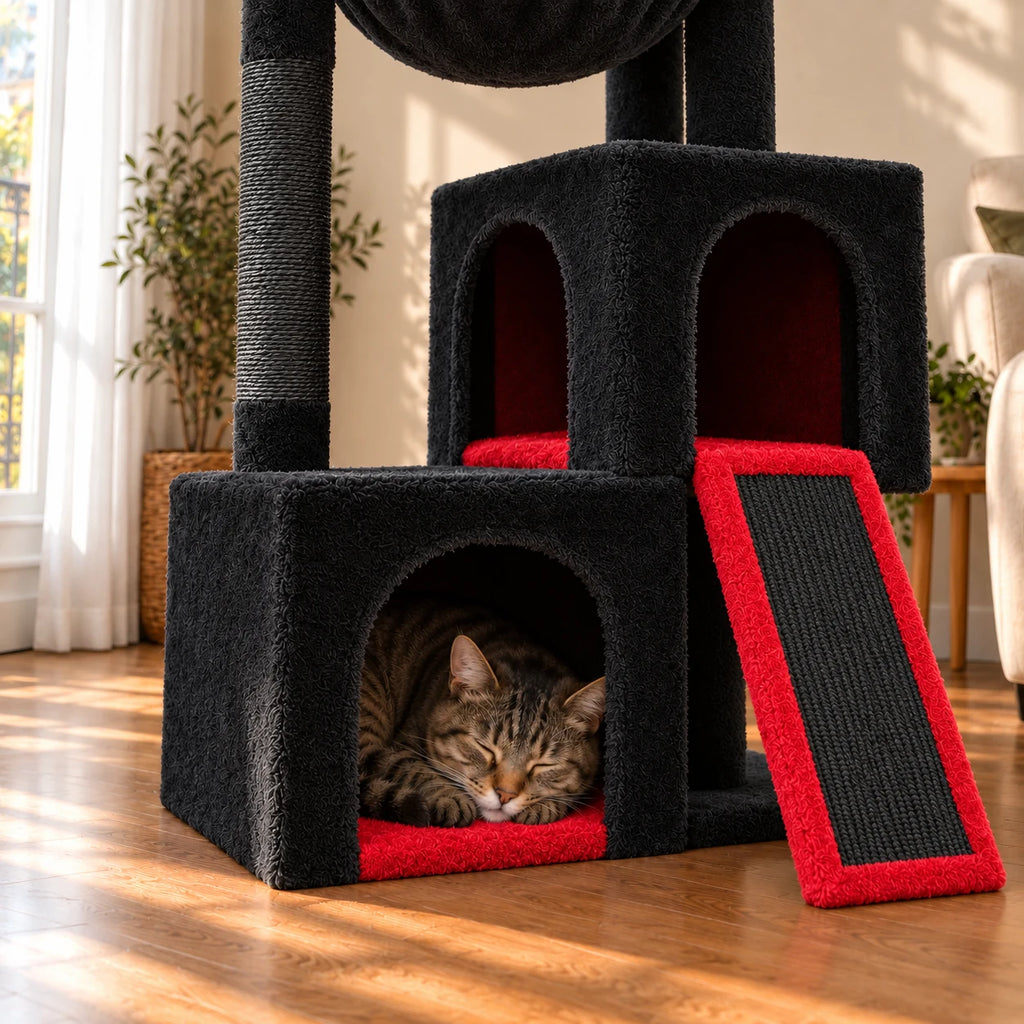 Chat endormi dans la niche basse rouge de l’arbre à chat Ember, détail de la rampe à griffer noire