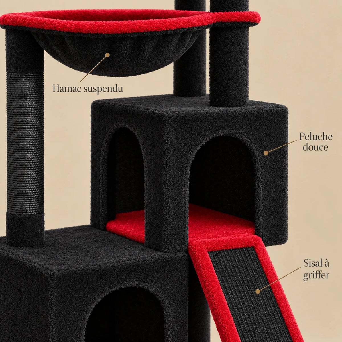 Détails de la peluche noire, du hamac noir et rouge et de la rampe en sisal de l’arbre à chat Ember