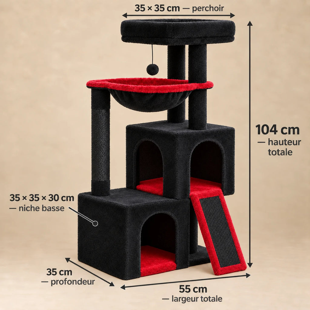 Dimensions de l’arbre à chat Ember : hauteur 104 cm, largeur 55 cm, profondeur 35 cm et niche basse 35 × 35 × 30 cm