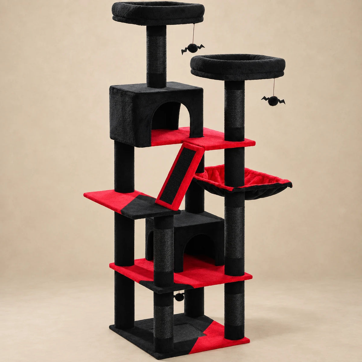 Arbre à chat noir et rouge Midnight XXL de 180 cm, vue entière sur fond beige