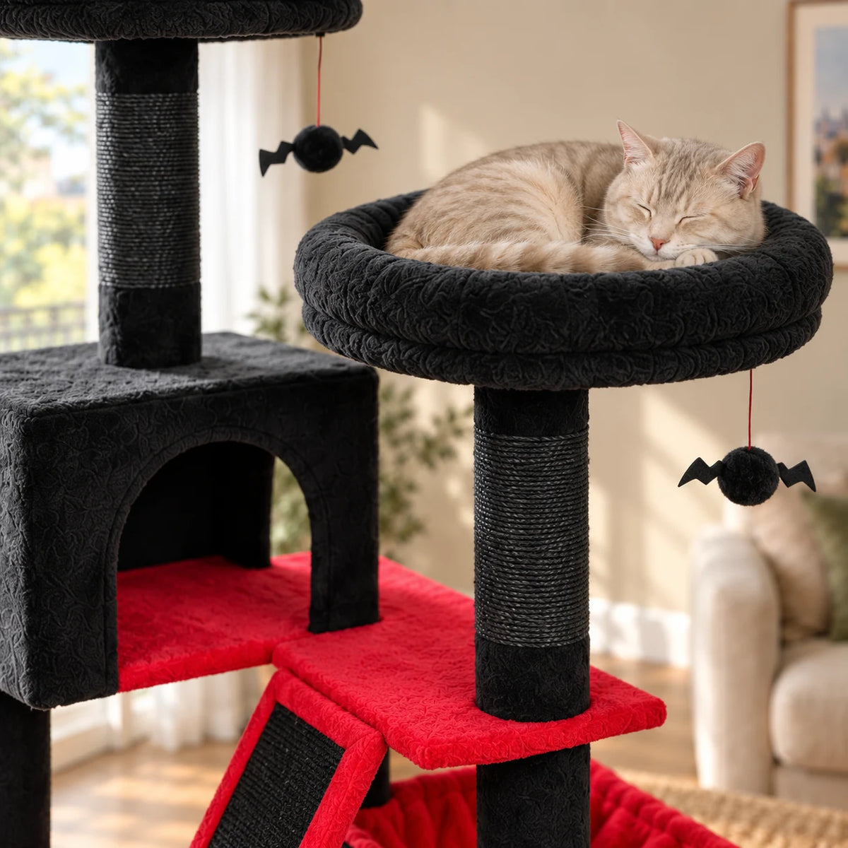 Chat crème endormi dans un lit supérieur noir de l'arbre à chat Midnight