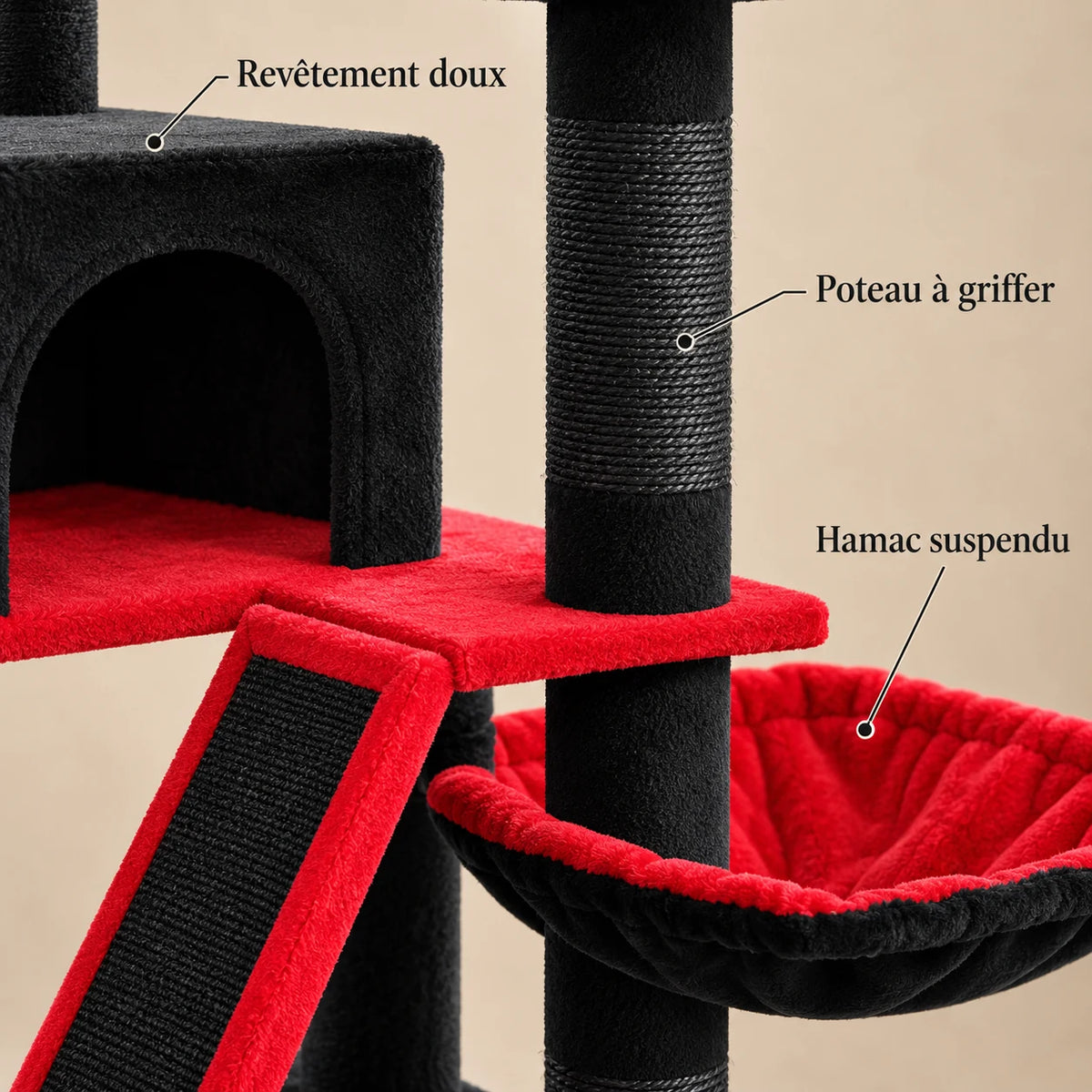 Détails de Midnight : hamac rouge, poteau noir à griffer et niche en revêtement doux