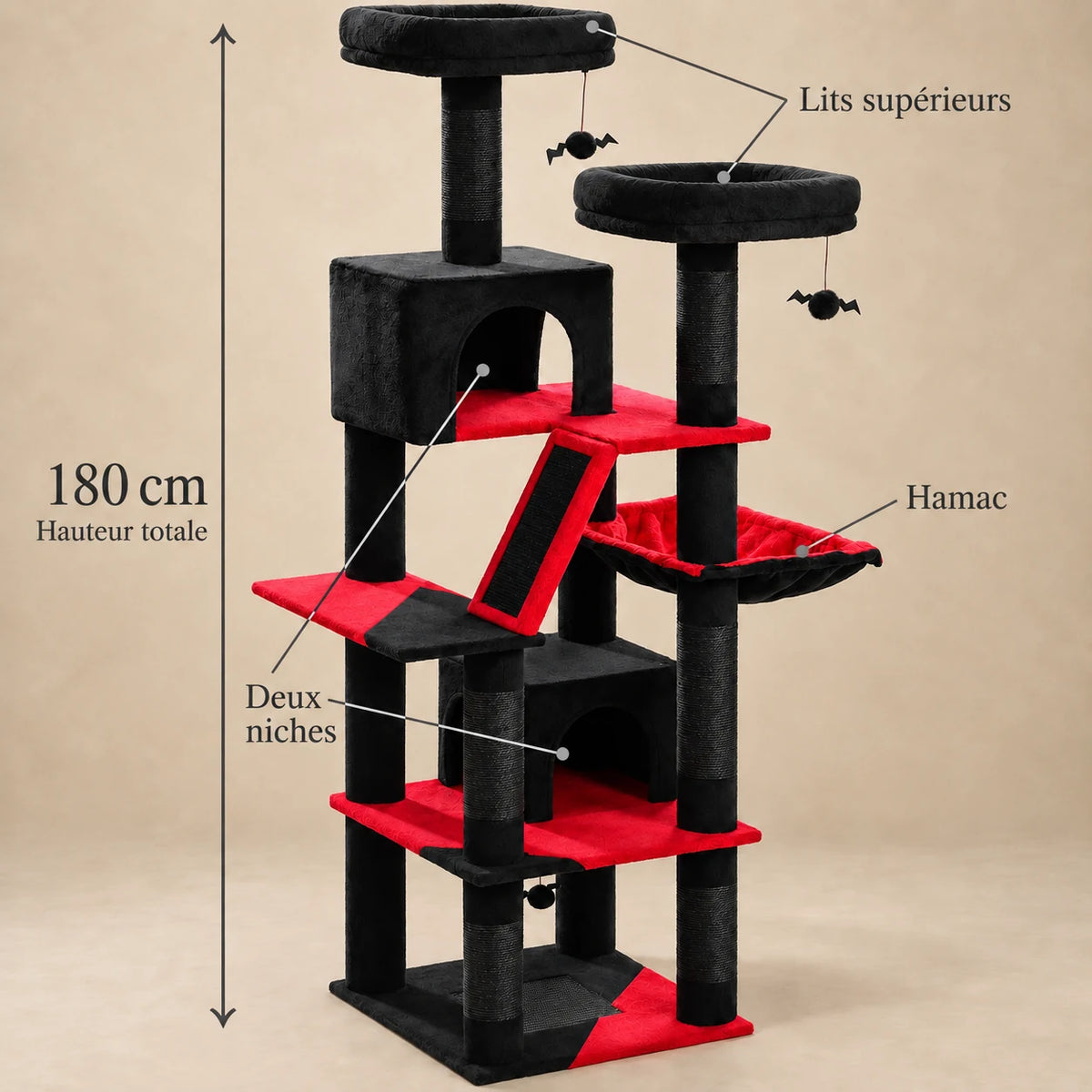 Arbre à chat Midnight noir et rouge : hauteur totale vérifiée de 180 cm, deux niches, hamac et lits supérieurs