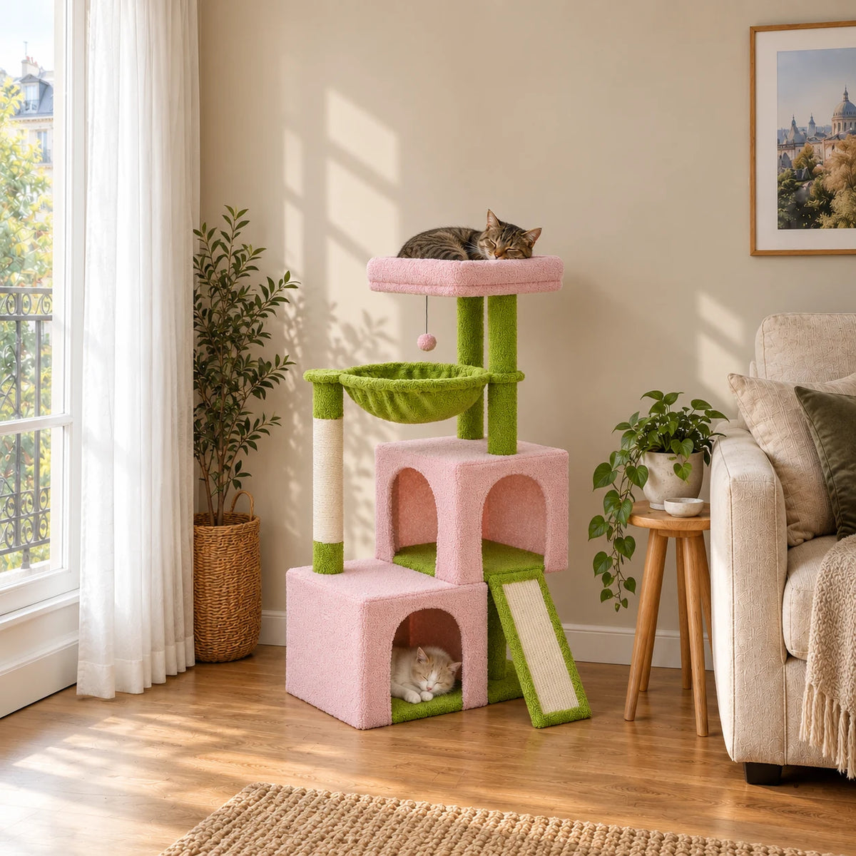 Arbre à chat rose et vert Camellia dans un salon avec deux chats endormis