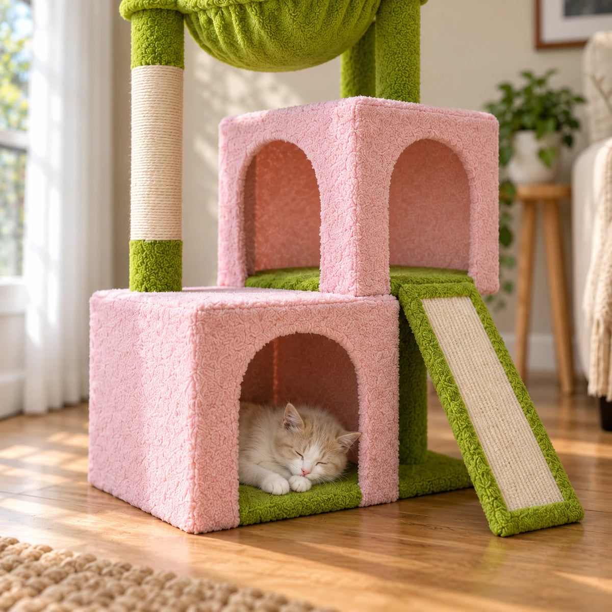 Chaton crème endormi dans la niche basse rose et verte de l'arbre à chat Camellia