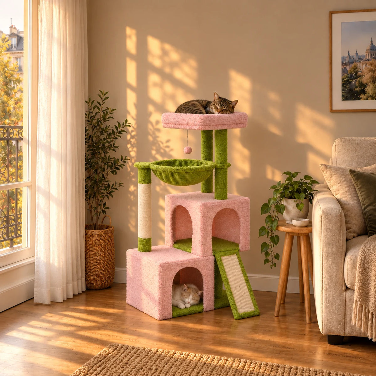 Arbre à chat rose et vert Camellia au coucher du soleil dans un salon avec deux chats endormis