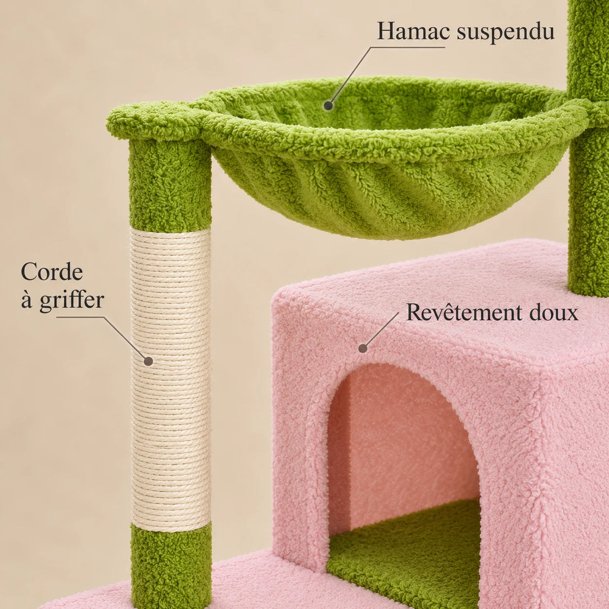 Détails de l'arbre à chat Camellia : revêtement doux rose, corde à griffer et hamac vert