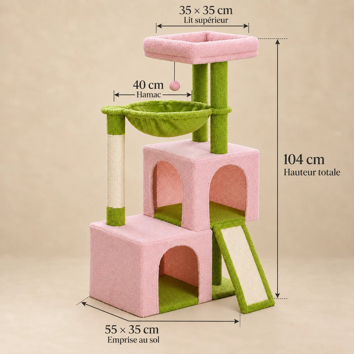 Dimensions de l'arbre à chat Camellia : hauteur 104 cm, base 55 × 35 cm, lit supérieur 35 × 35 cm et hamac 40 cm
