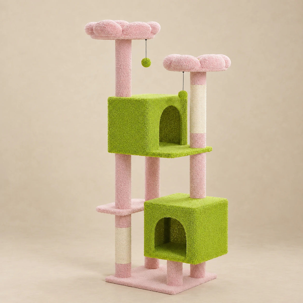 Arbre à chat Clover rose et vert de 133 cm, deux niches et deux perchoirs fleuris sur fond beige