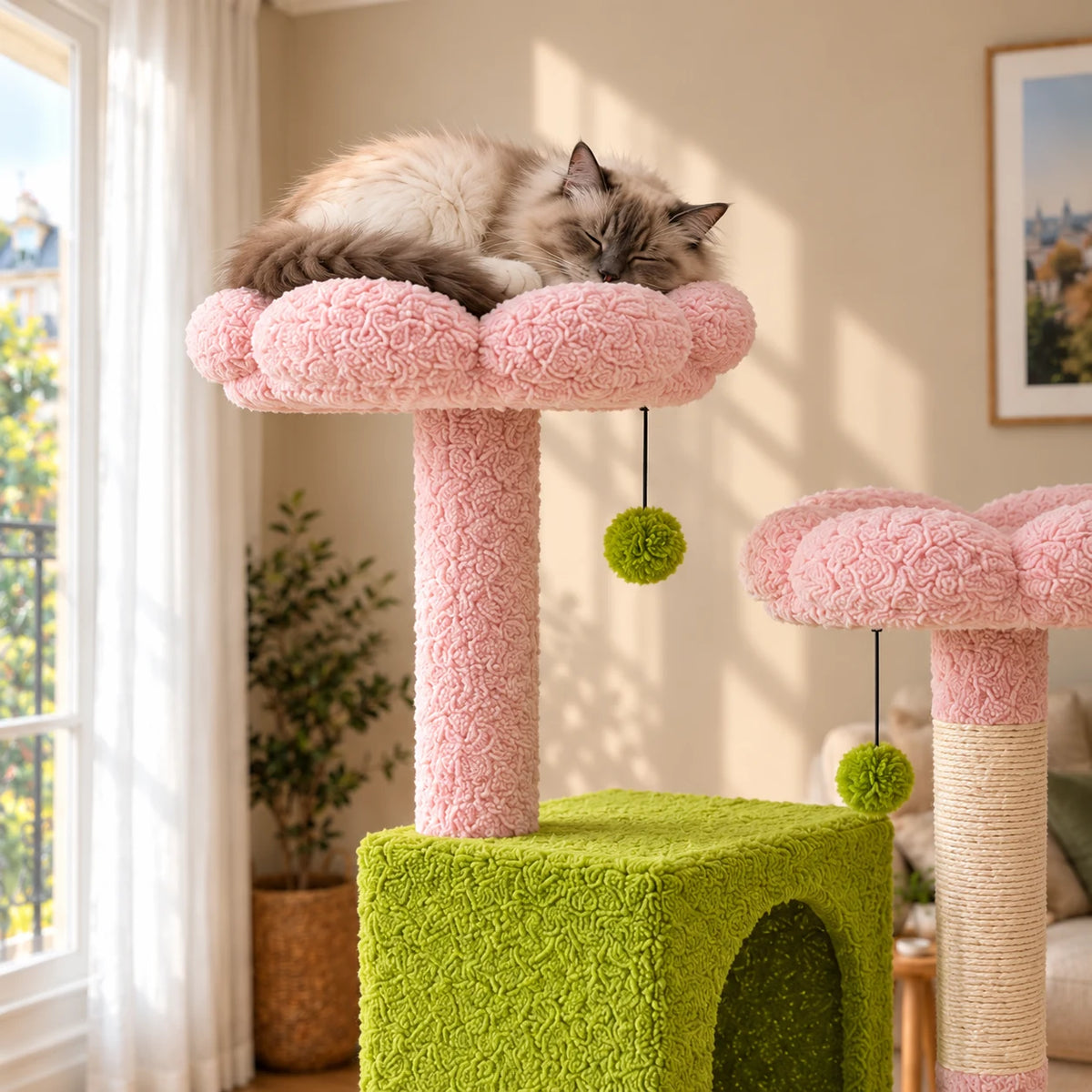 Chat endormi sur le perchoir fleuri rose de l'arbre à chat Clover