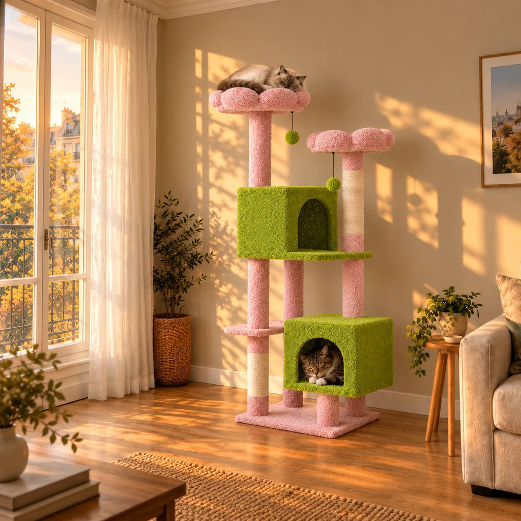 Arbre à chat Clover rose et vert dans le salon au coucher du soleil, chats endormis