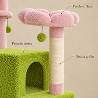 Détails du perchoir fleuri rose, de la peluche verte et du sisal de l'arbre à chat Clover