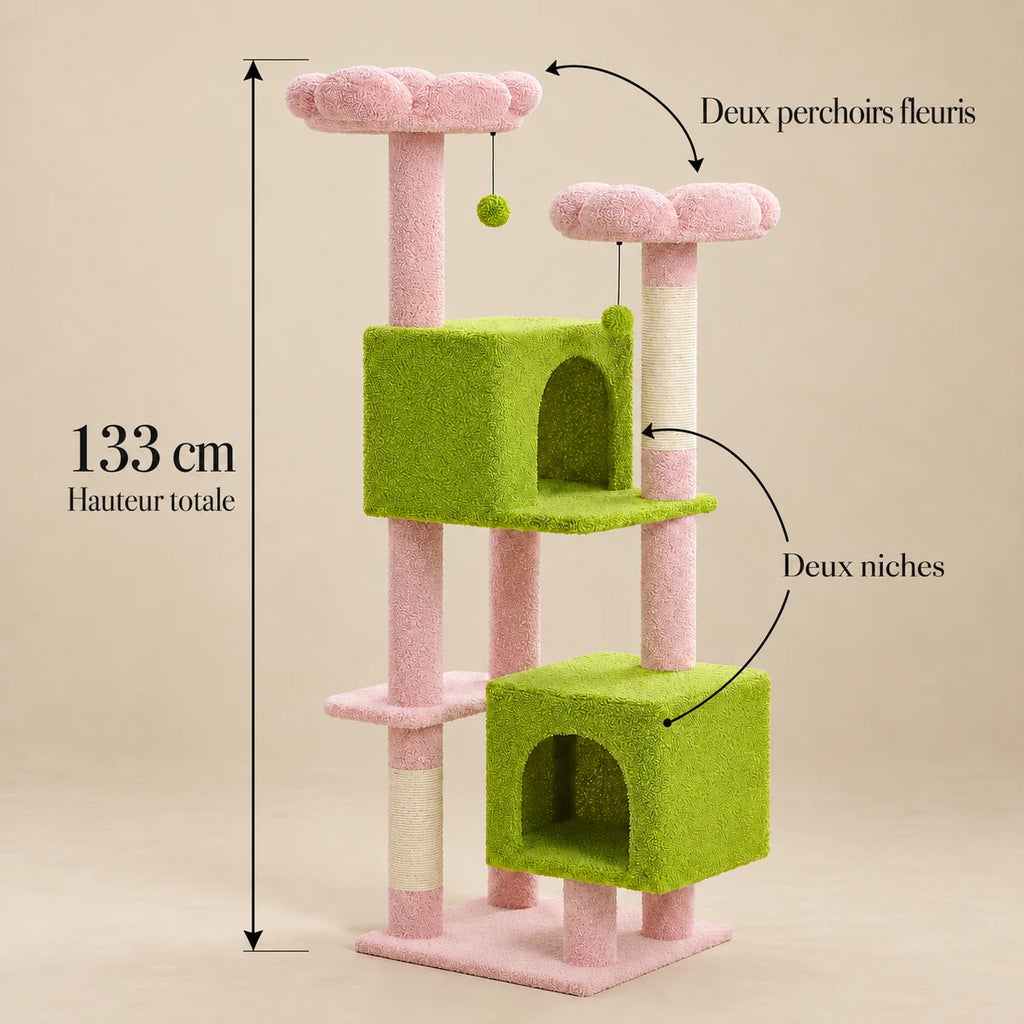 Dimensions de l'arbre à chat Clover rose et vert : hauteur totale de 133 cm et deux niches