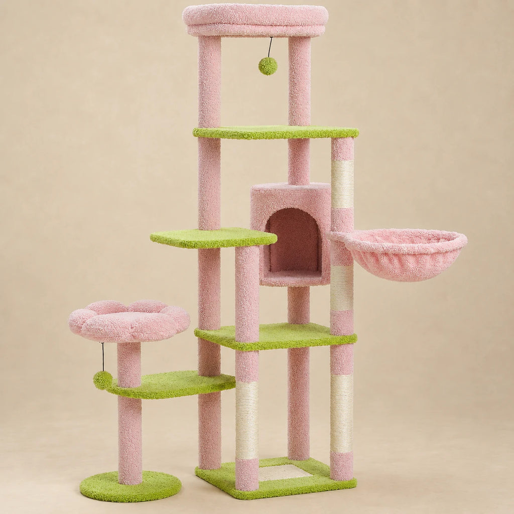 Arbre à chat Rosie rose et vert de 150 cm avec niche, hamac, lit haut et plateformes sur fond beige