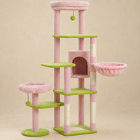 Arbre à chat Rosie rose et vert de 150 cm avec niche, hamac, lit haut et plateformes sur fond beige