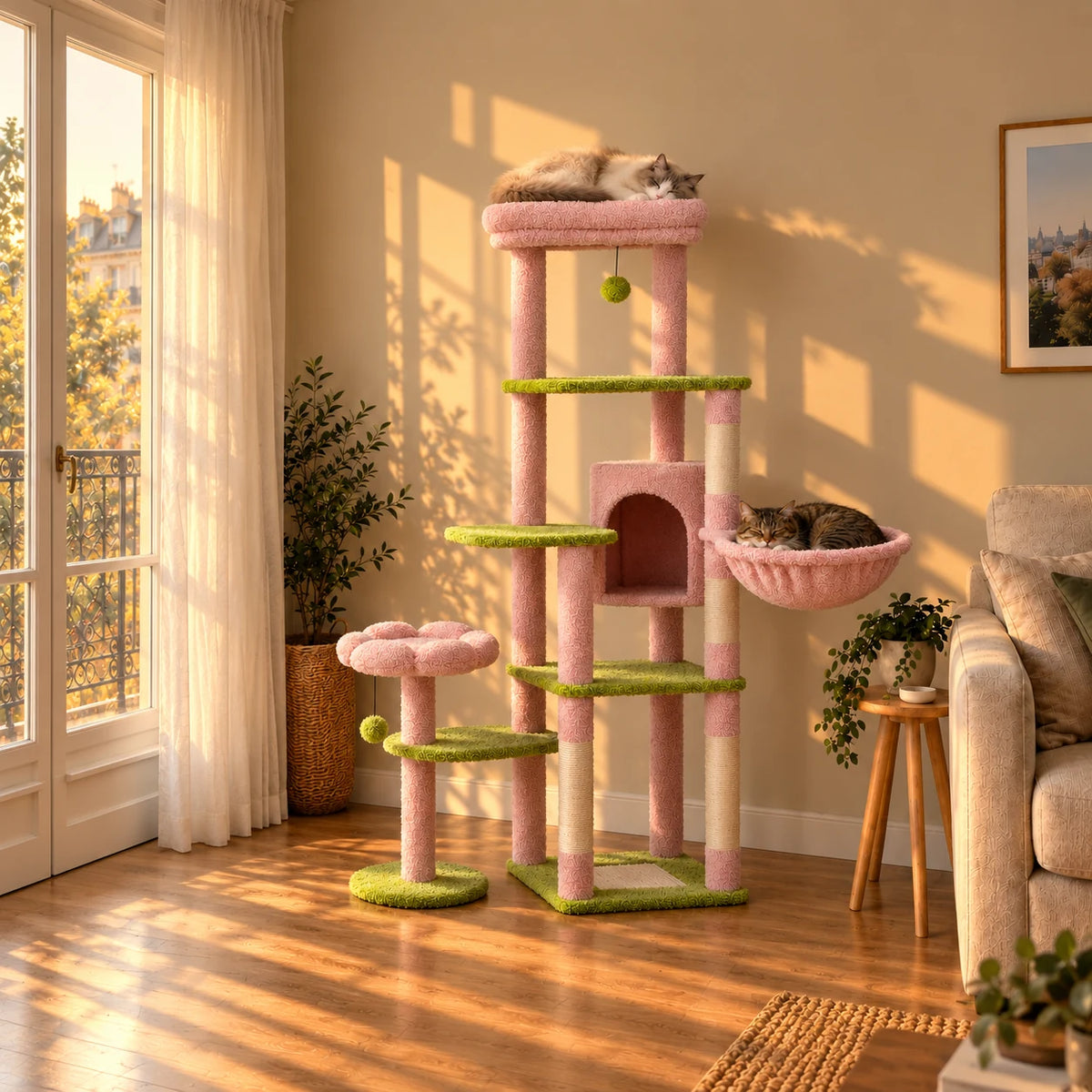 Arbre à chat Rosie rose et vert dans un salon au coucher du soleil avec deux chats endormis