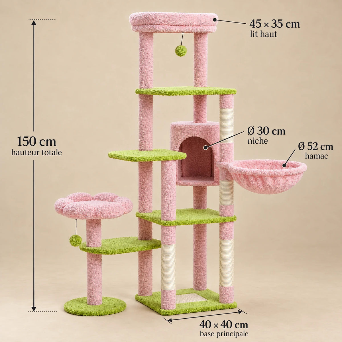 Dimensions de l’arbre à chat Rosie : 150 cm de haut, base 40 × 40 cm, lit 45 × 35 cm, hamac Ø 52 cm et niche Ø 30 cm