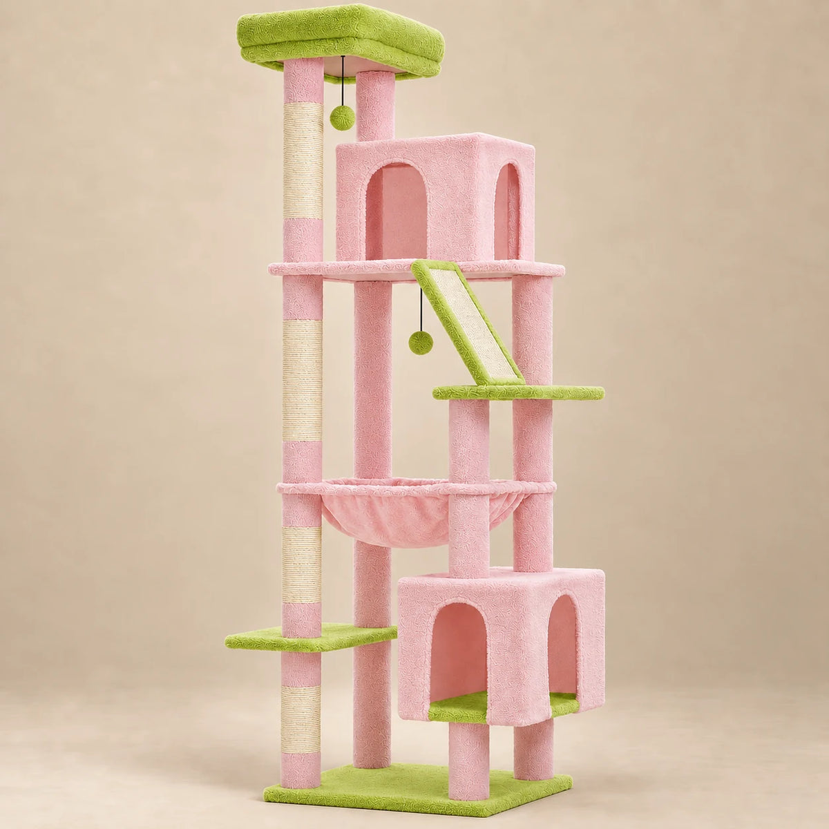 Arbre à chat Peony rose et vert de 180 cm avec deux niches et hamac sur fond beige