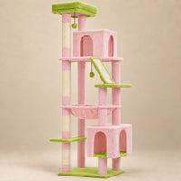 Arbre à chat Peony rose et vert de 180 cm avec deux niches et hamac sur fond beige