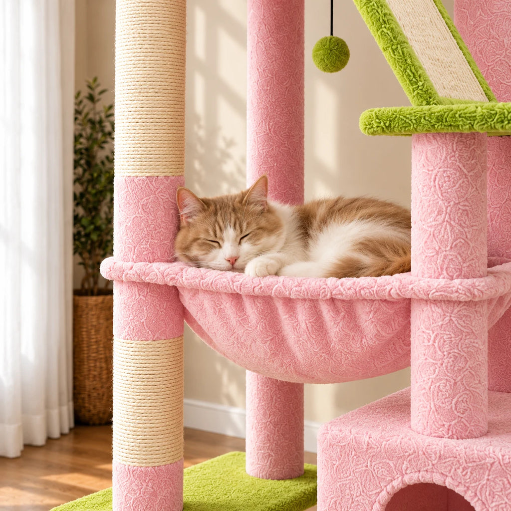Chat roux endormi dans le hamac rose de l’arbre à chat Peony