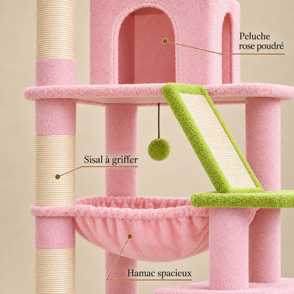 Détails de la peluche rose, du sisal et du hamac de l’arbre à chat Peony