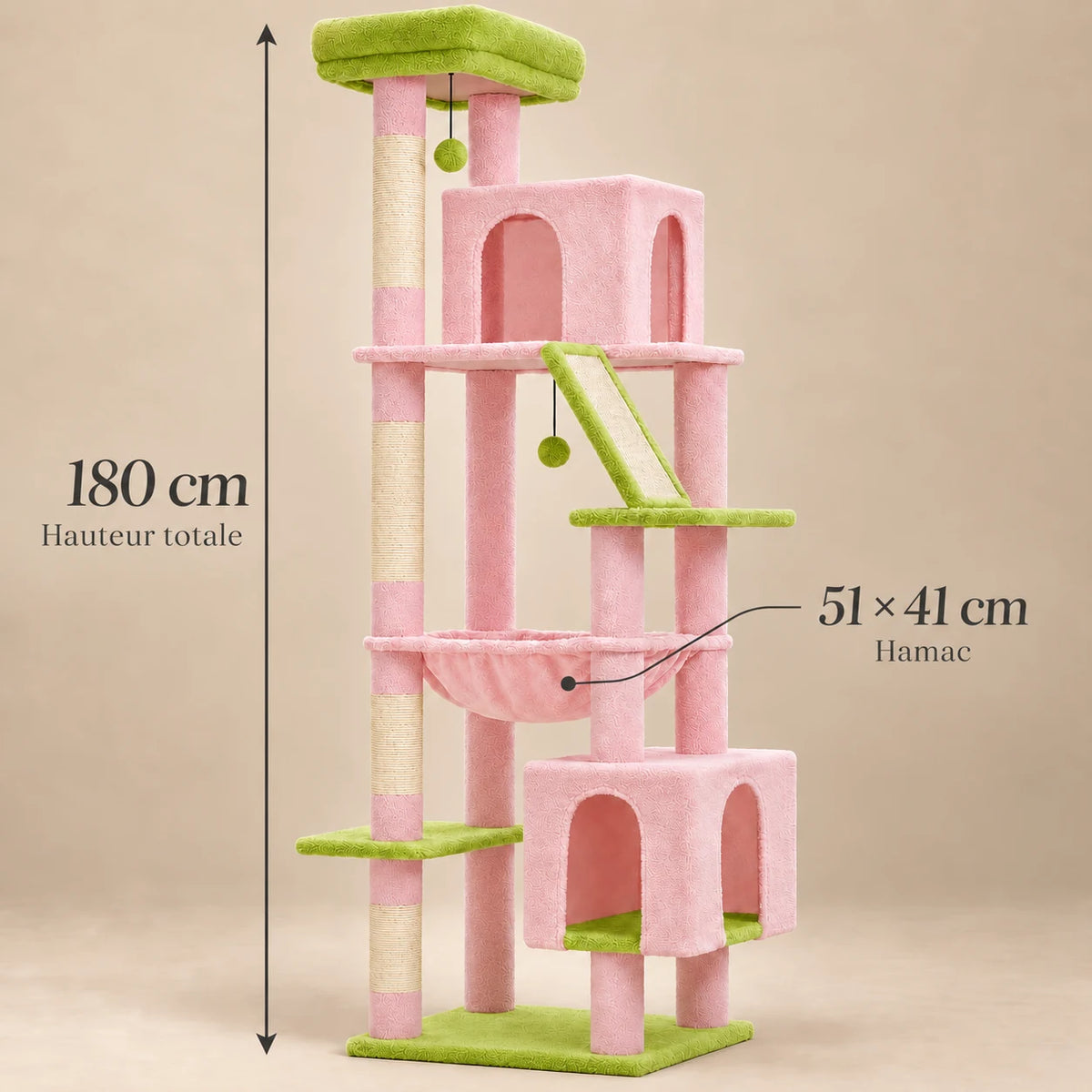 Dimensions de l’arbre à chat Peony rose : hauteur de 180 cm et hamac de 51 × 41 cm