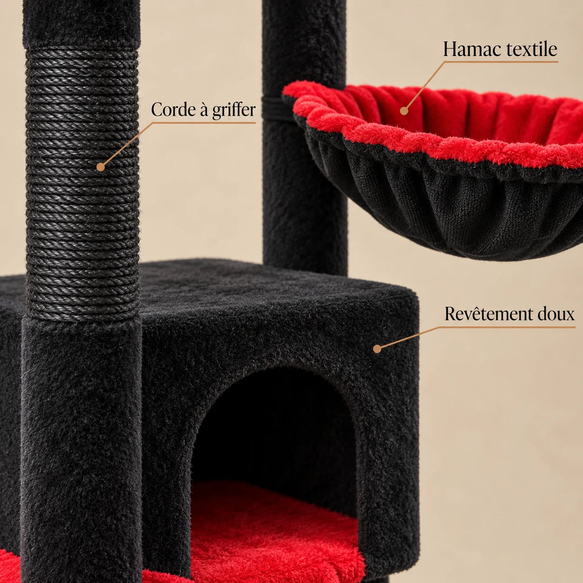 Détails du revêtement noir, de la corde à griffer et du hamac rouge de Raven