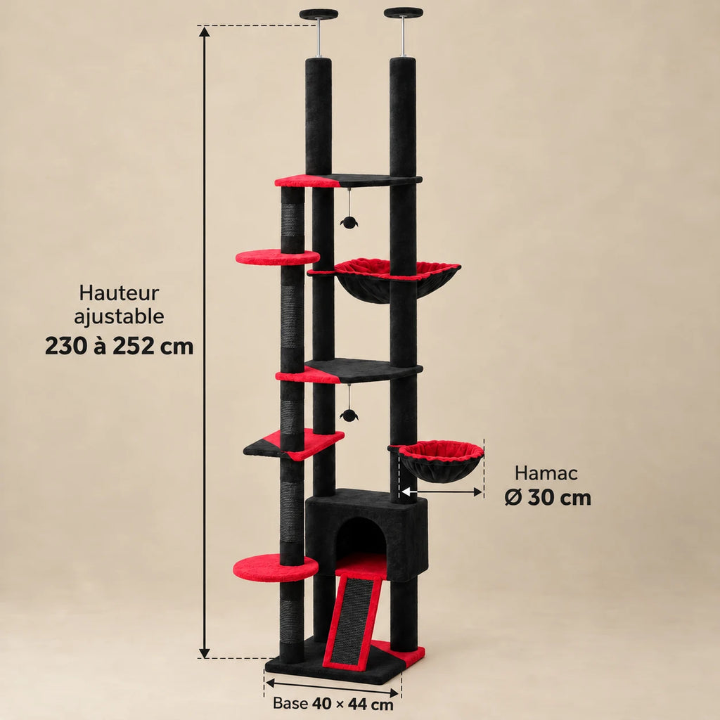 Dimensions de l'arbre à chat Raven noir et rouge : hauteur réglable de 230 à 252 cm, base 40 × 44 cm