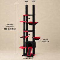 Dimensions de l'arbre à chat Raven noir et rouge : hauteur réglable de 230 à 252 cm, base 40 × 44 cm