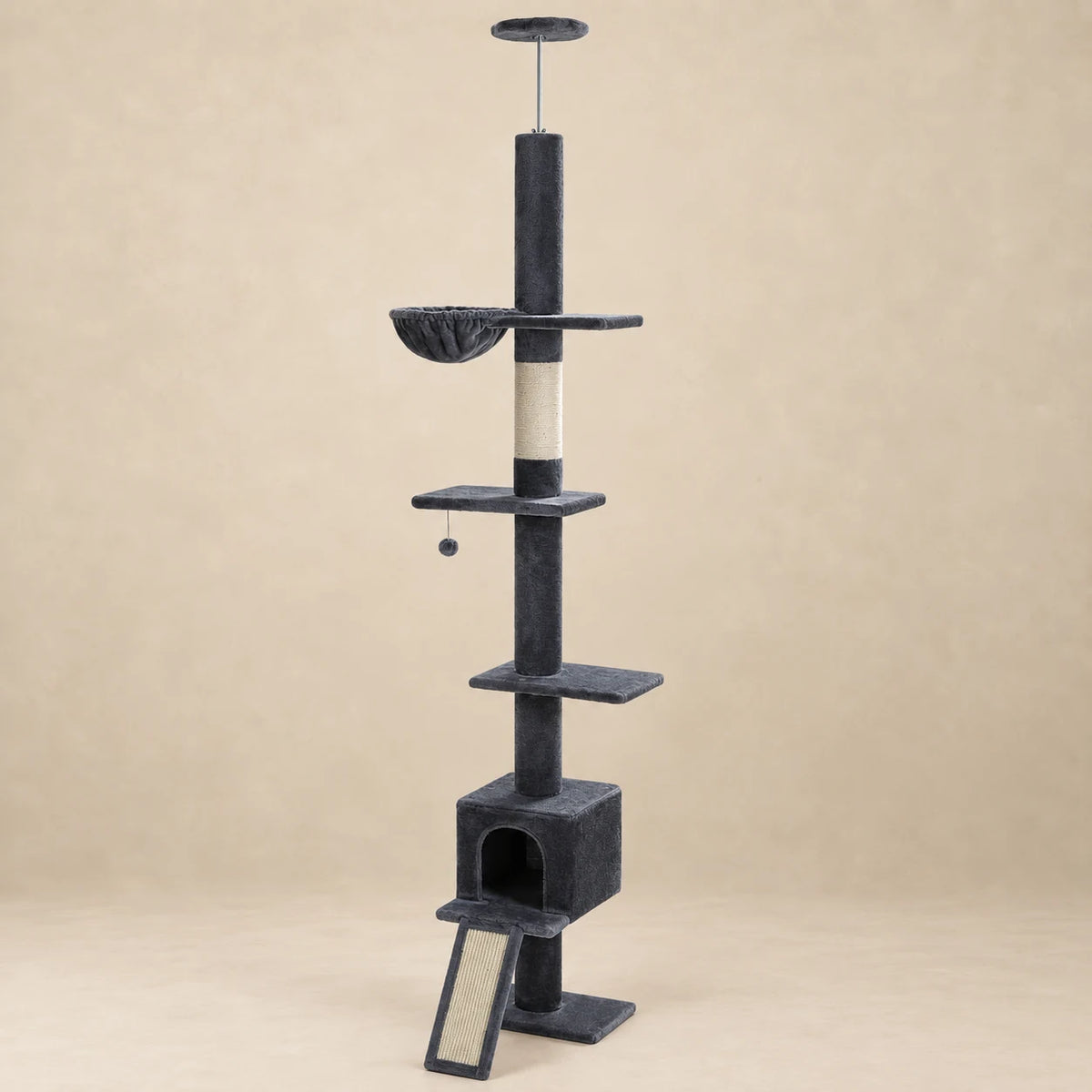 Arbre à chat anthracite Graphite du sol au plafond, réglable de 210 à 274 cm, vue entière sur fond beige