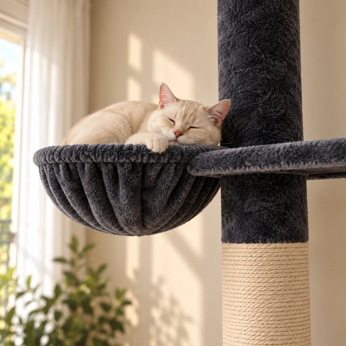 Chat crème endormi dans le hamac gris de l'arbre à chat du sol au plafond Graphite