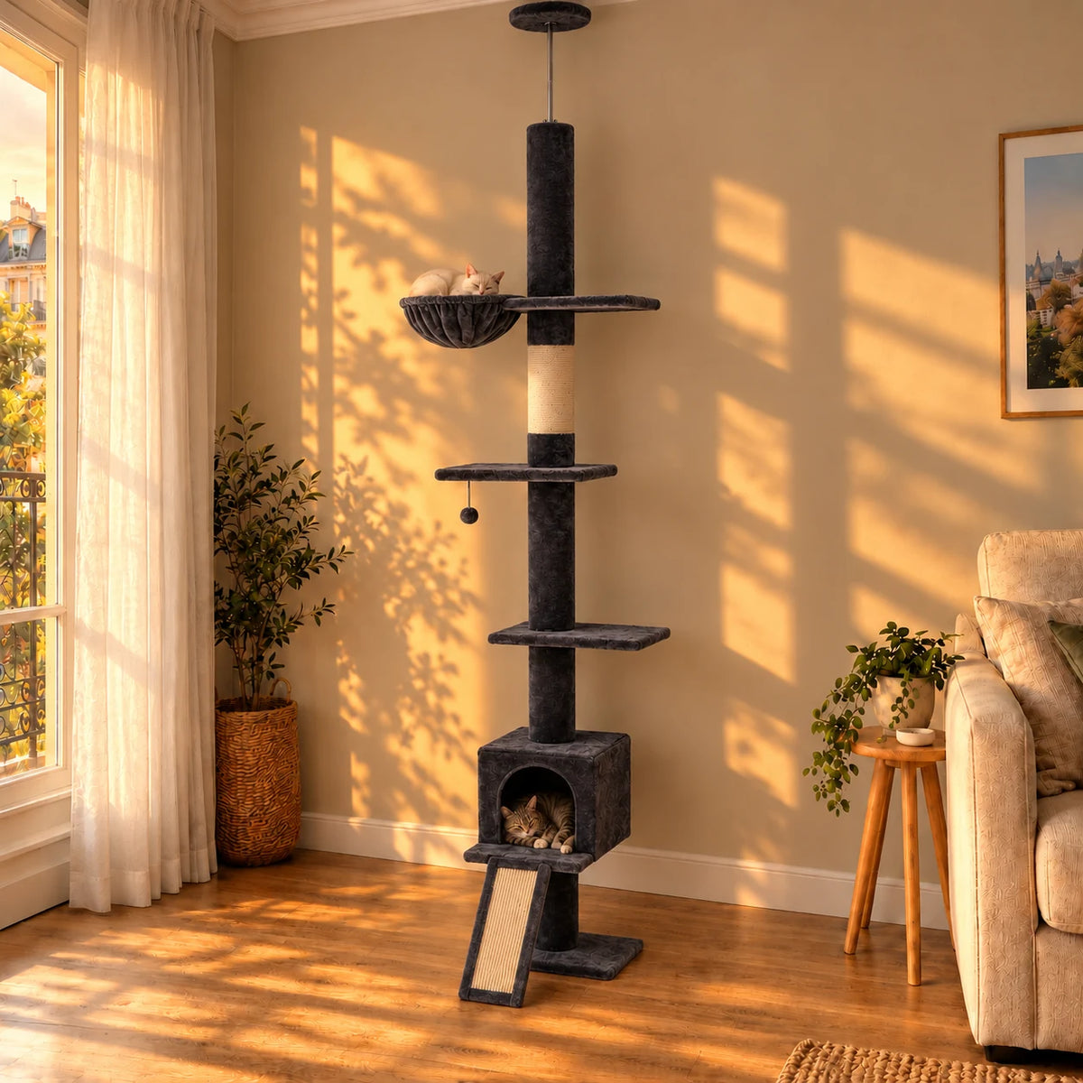 Arbre à chat du sol au plafond Graphite dans un salon au coucher du soleil avec deux chats endormis