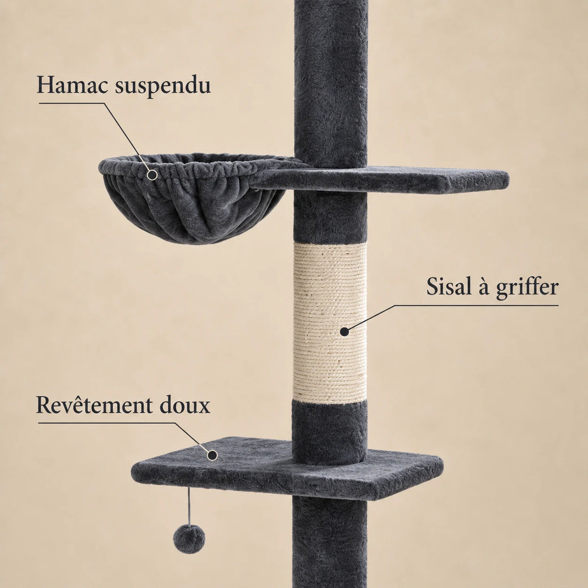 Détails de l'arbre à chat Graphite : hamac gris, poteau en sisal et revêtement doux