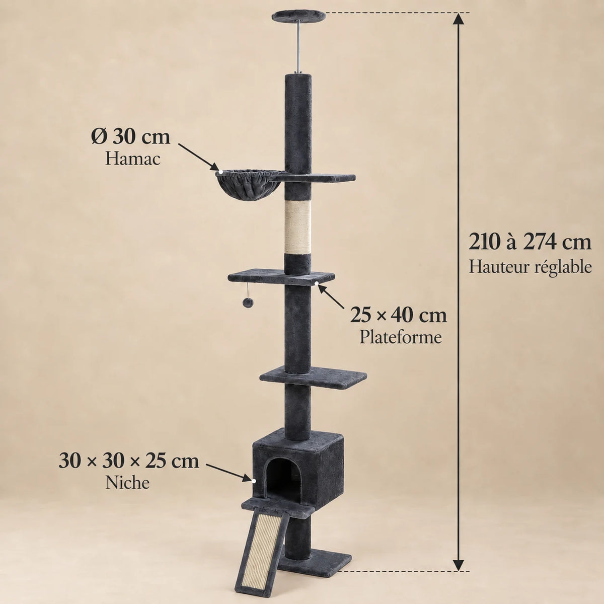 Dimensions de Graphite : hauteur réglable 210 à 274 cm, niche 30 × 30 × 25 cm, plateforme 25 × 40 cm, hamac diamètre 30 cm