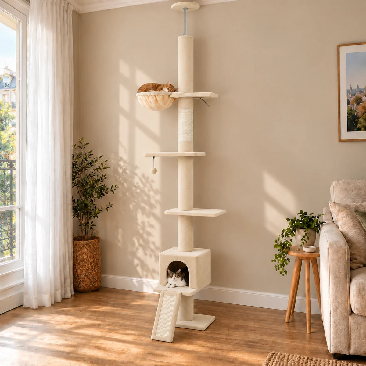 Arbre à chat beige Tansy installé près du mur dans un salon, avec deux chats au repos
