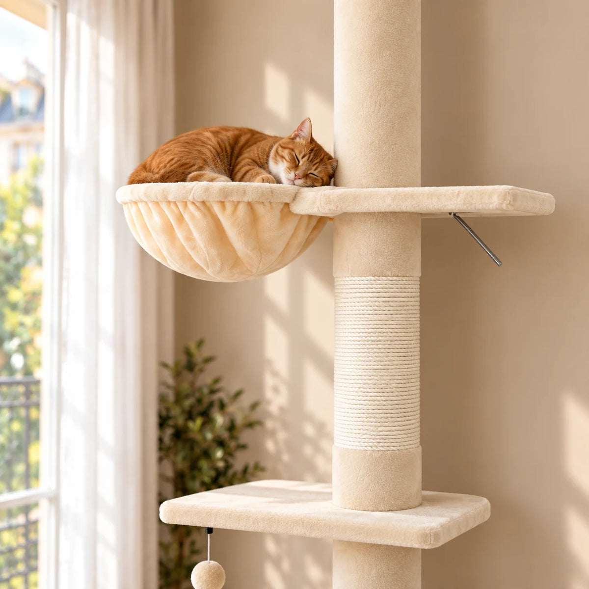 Chat roux endormi dans le hamac beige de l’arbre à chat Tansy, avec poteau griffoir en sisal