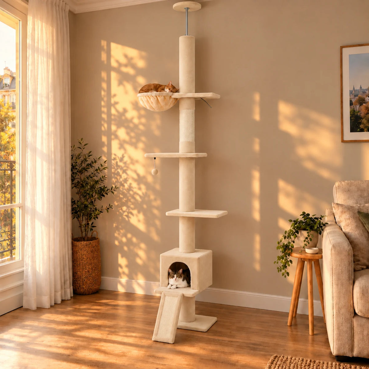Arbre à chat Tansy beige dans un salon au coucher du soleil, avec deux chats au repos