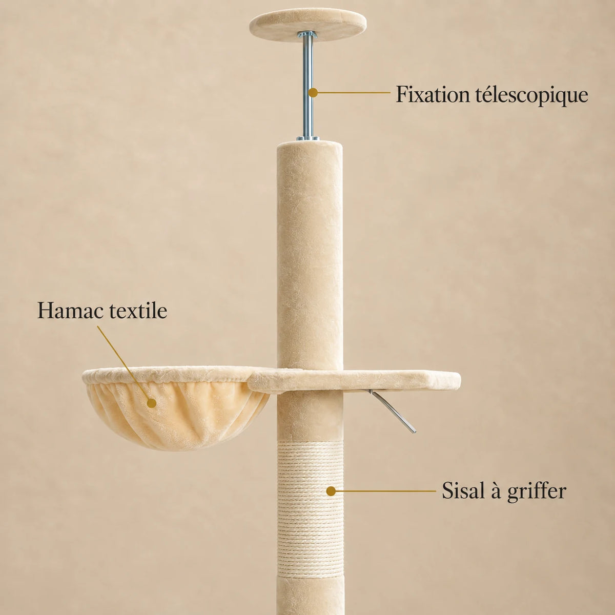 Détails de l’arbre à chat Tansy : fixation télescopique, hamac textile et poteau en sisal