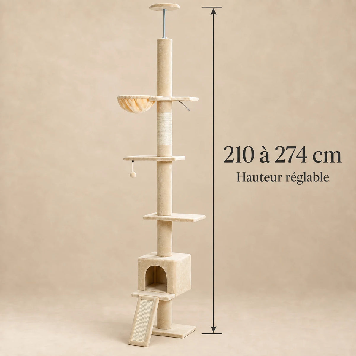 Dimensions de l’arbre à chat beige Tansy : hauteur réglable de 210 à 274 cm