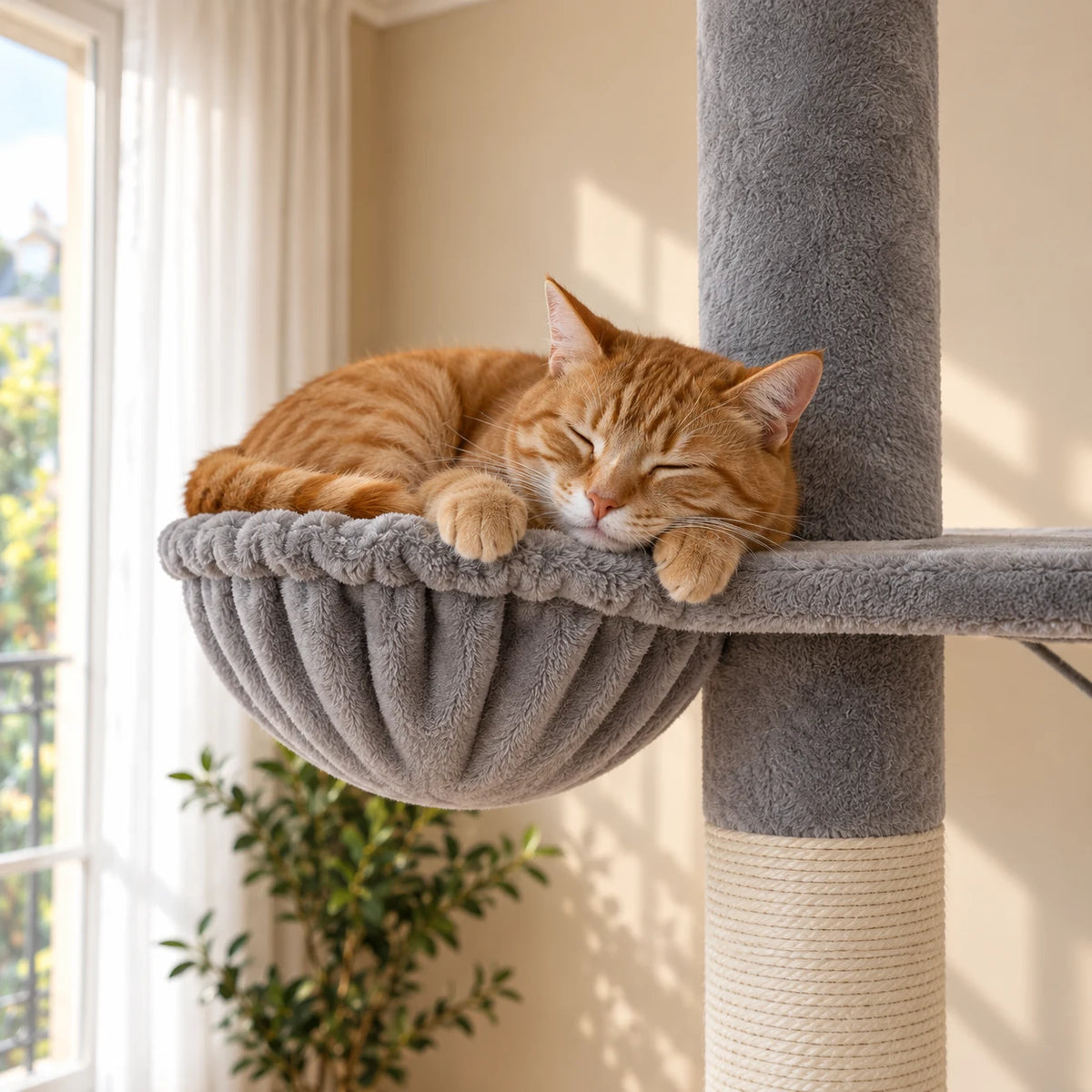 Chat roux endormi dans le hamac gris de l’arbre à chat Argent, près du poteau en sisal