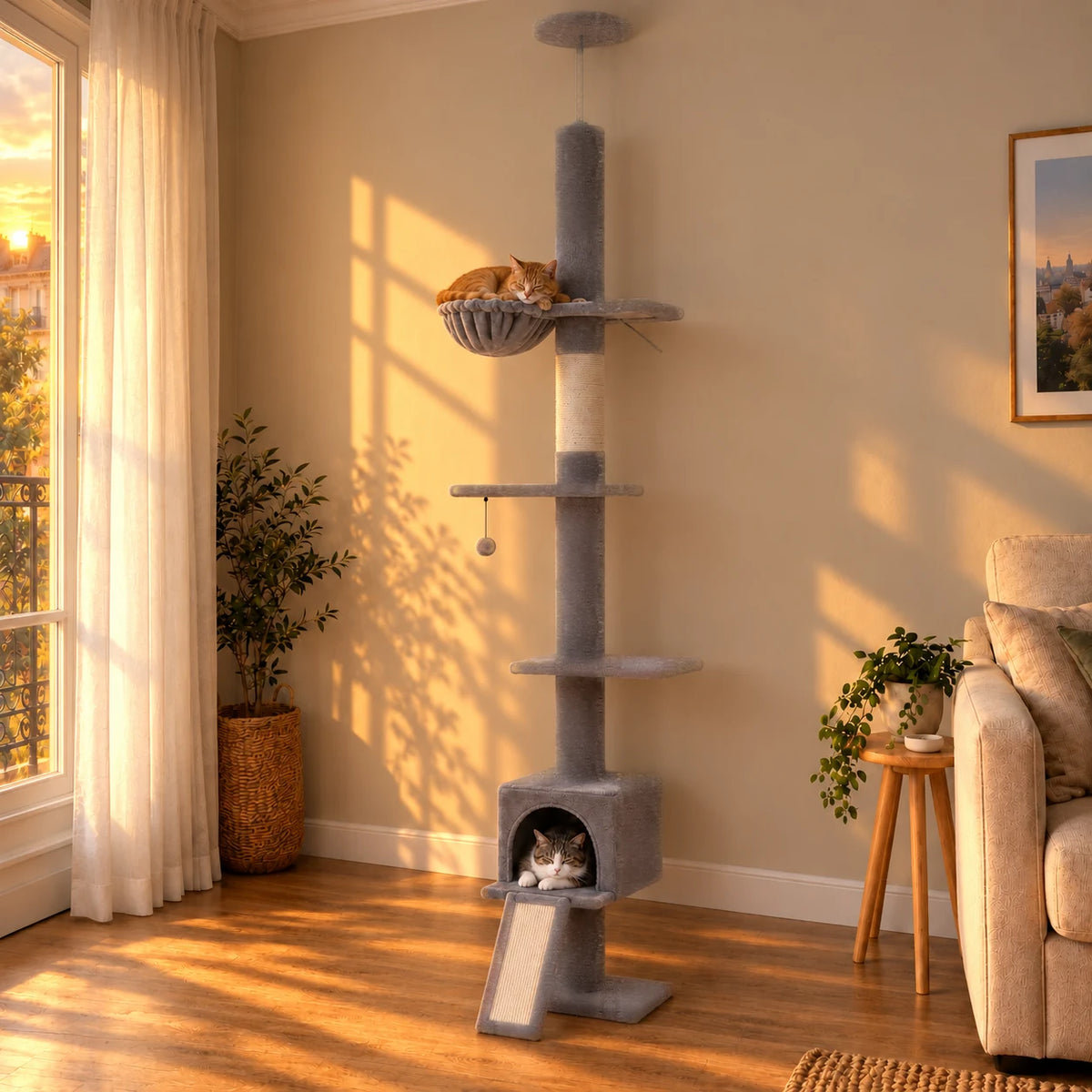 Arbre à chat Argent gris dans le salon au soleil couchant, avec deux chats au repos