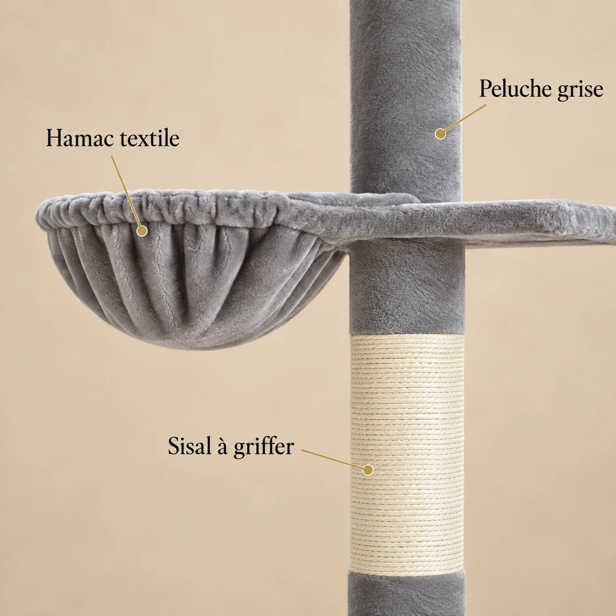Détails de l’arbre à chat Argent : hamac textile gris, peluche grise et poteau griffoir en sisal