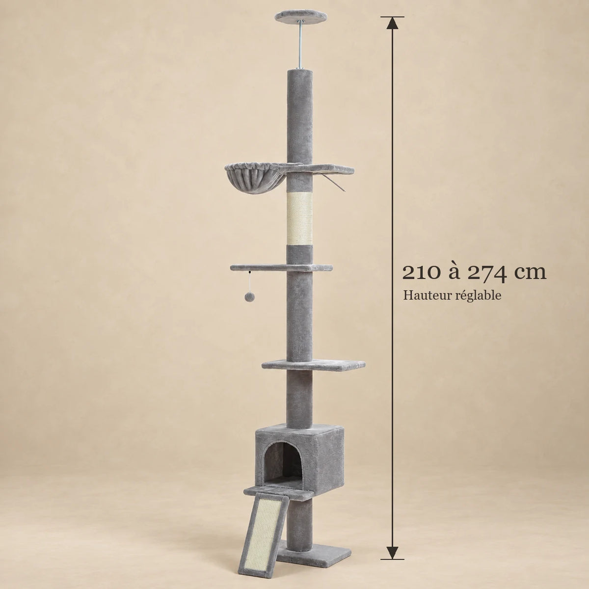 Dimensions de l’arbre à chat gris Argent : hauteur réglable de 210 à 274 cm